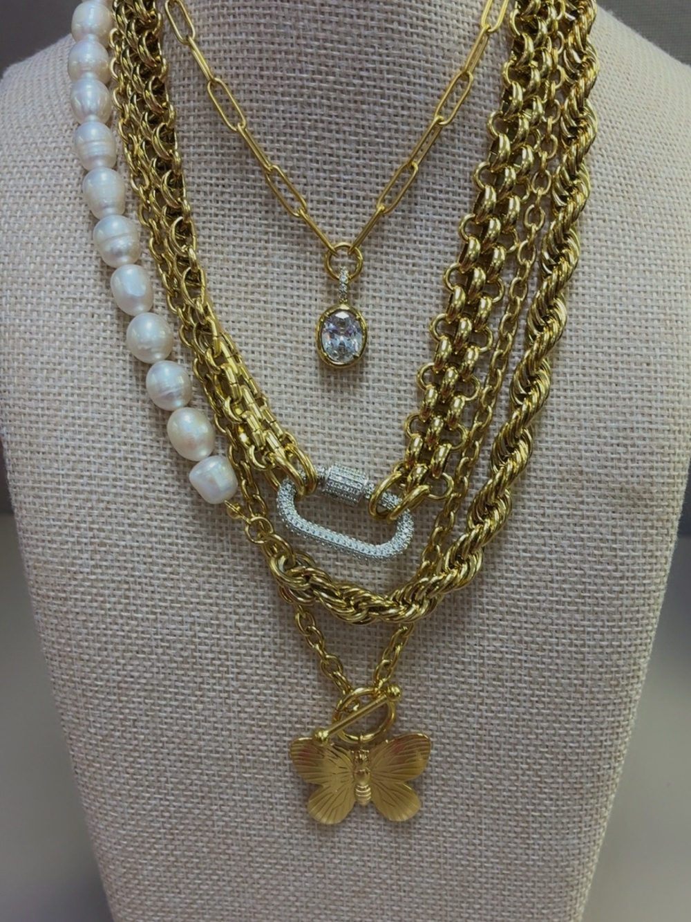 Gold and Pearl Layered Butterfly Necklace Stack Waterproof- Women's Jewelry